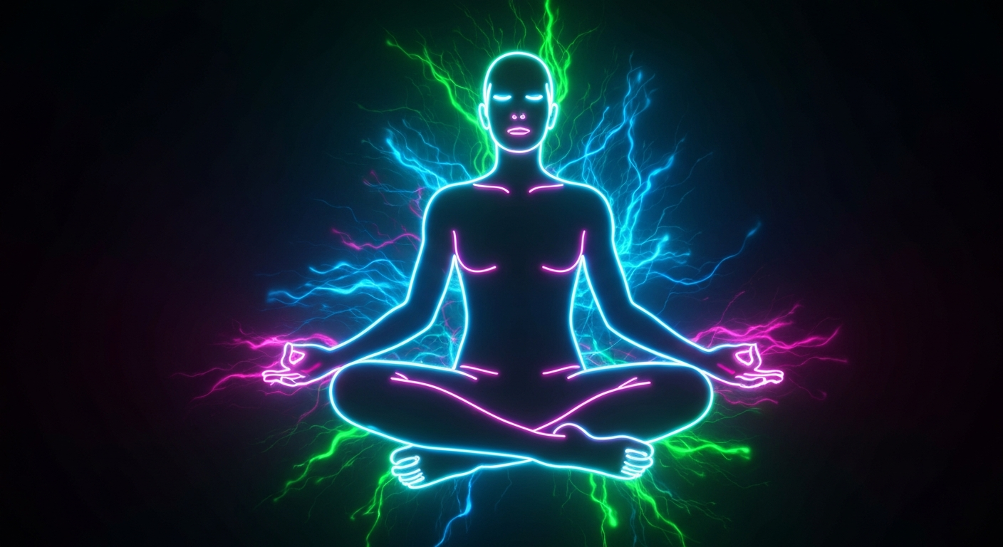 A glowing neon outline of a person in a meditative pose, surrounded by pulsing lines of vibrant color, conceptually representing the mental and physical benefits of a community-based wellness program.