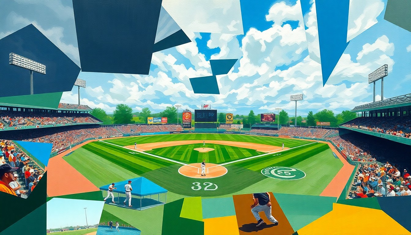 A fragmented, cubist-style painting depicting the dynamic action of a high school baseball game, with the players, field, and crowd broken down into abstract geometric shapes and planes of vibrant color.