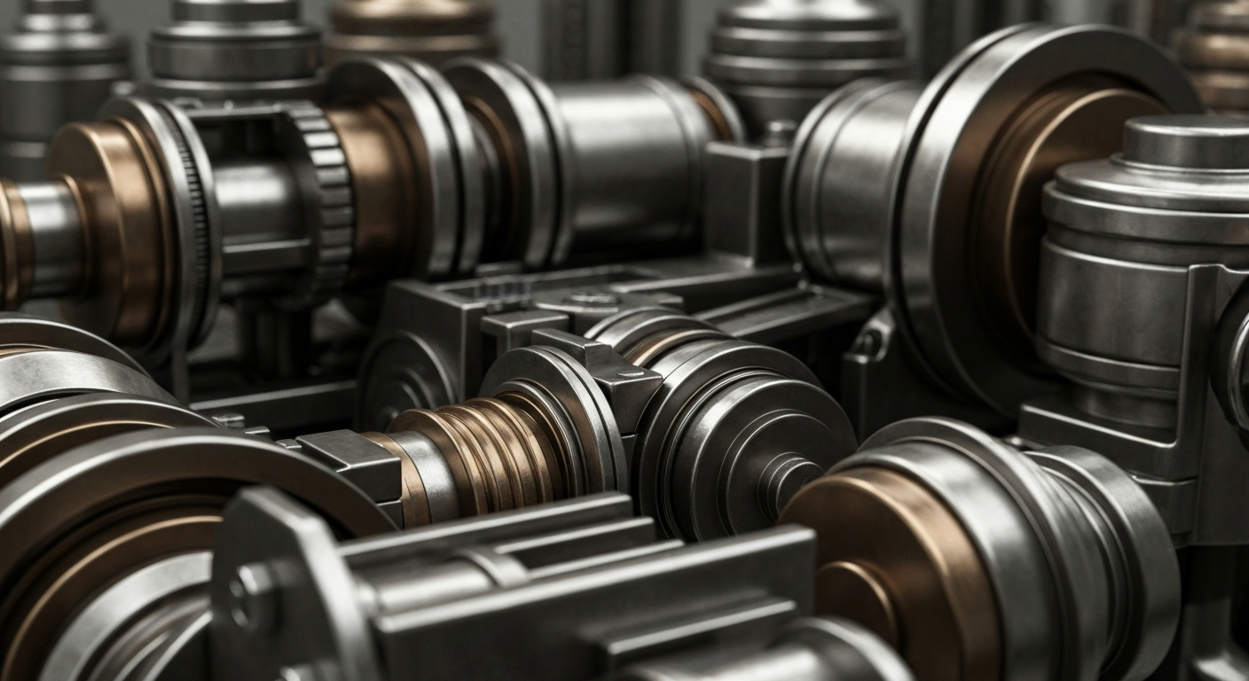 An extreme close-up of complex, interlocking mechanical components in shades of steel, bronze, and chrome, conveying a sense of institutional financial power and security without using literal currency or charts.