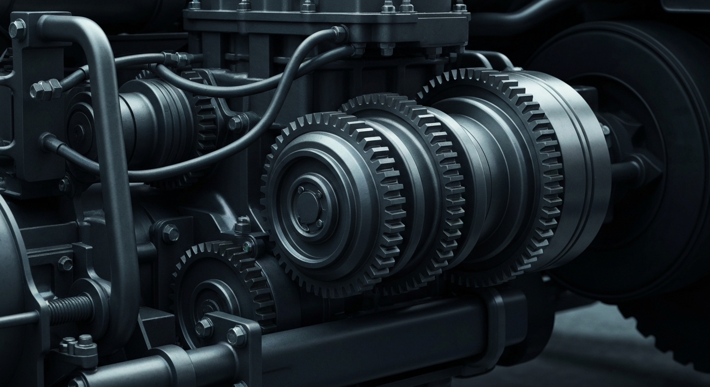 An extreme close-up of the intricate gears, pistons, and metal components of a school bus engine, conveying the industrial might and precision of Blue Bird's manufacturing processes.