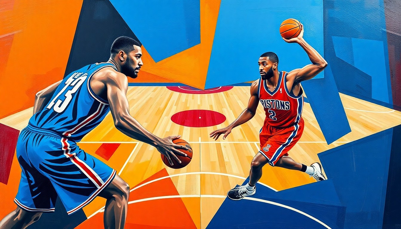 A fractured, cubist-style painting depicting the dynamic action of a basketball game, with the players' forms broken down into sharp, overlapping geometric shapes and planes in a vibrant color palette.