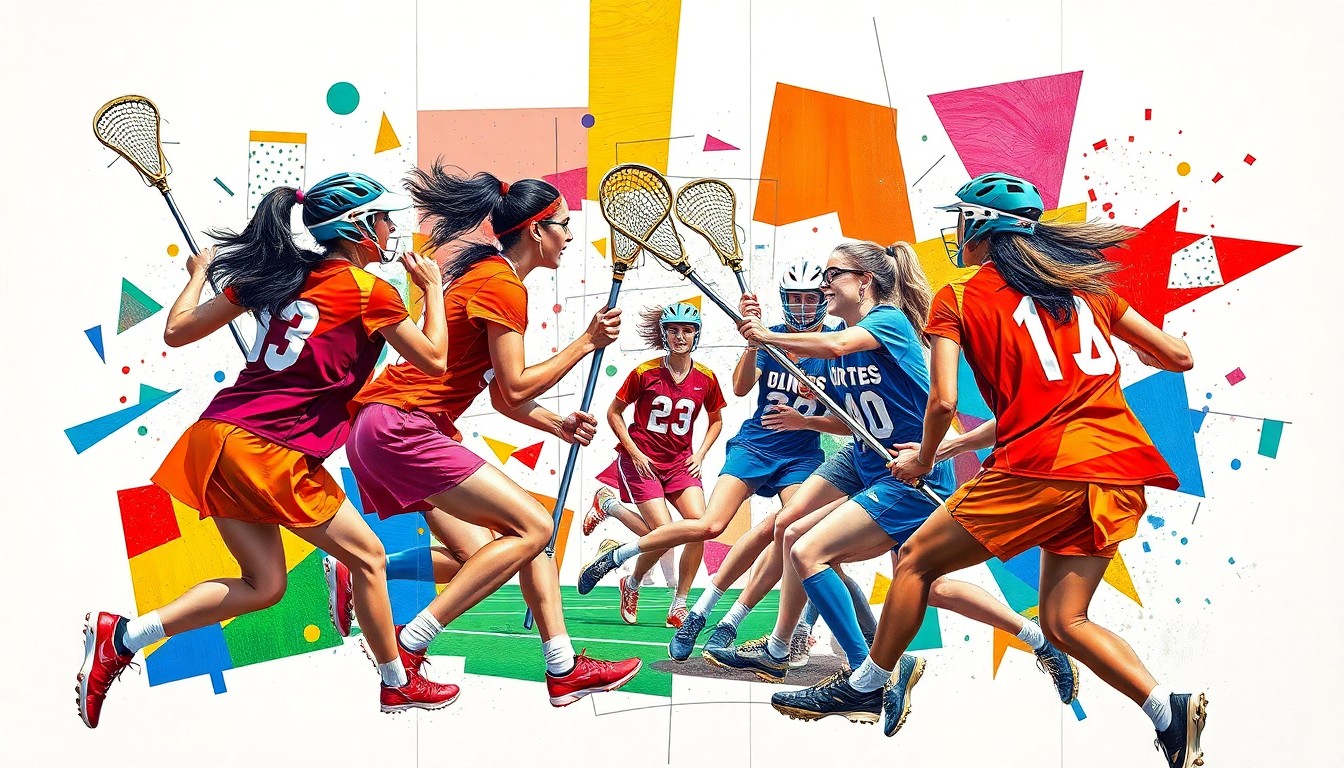 A fragmented, geometric painting in bold colors depicting the dynamic movements and energy of a girls lacrosse game, with no recognizable faces or logos.