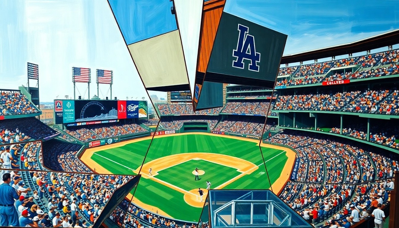 A fractured, geometric painting depicting a baseball game between two teams, with players and the field broken down into sharp, overlapping shapes and planes of color, conveying the intensity and movement of the sport.