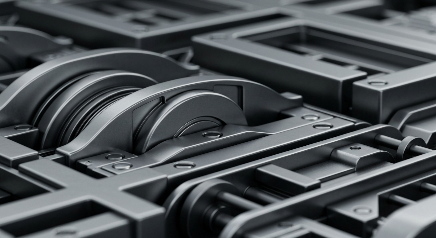 An extreme close-up of complex, interlocking metal gears and machinery in shades of silver and steel, conceptually representing the institutional power and financial security of Microsoft Corporation.