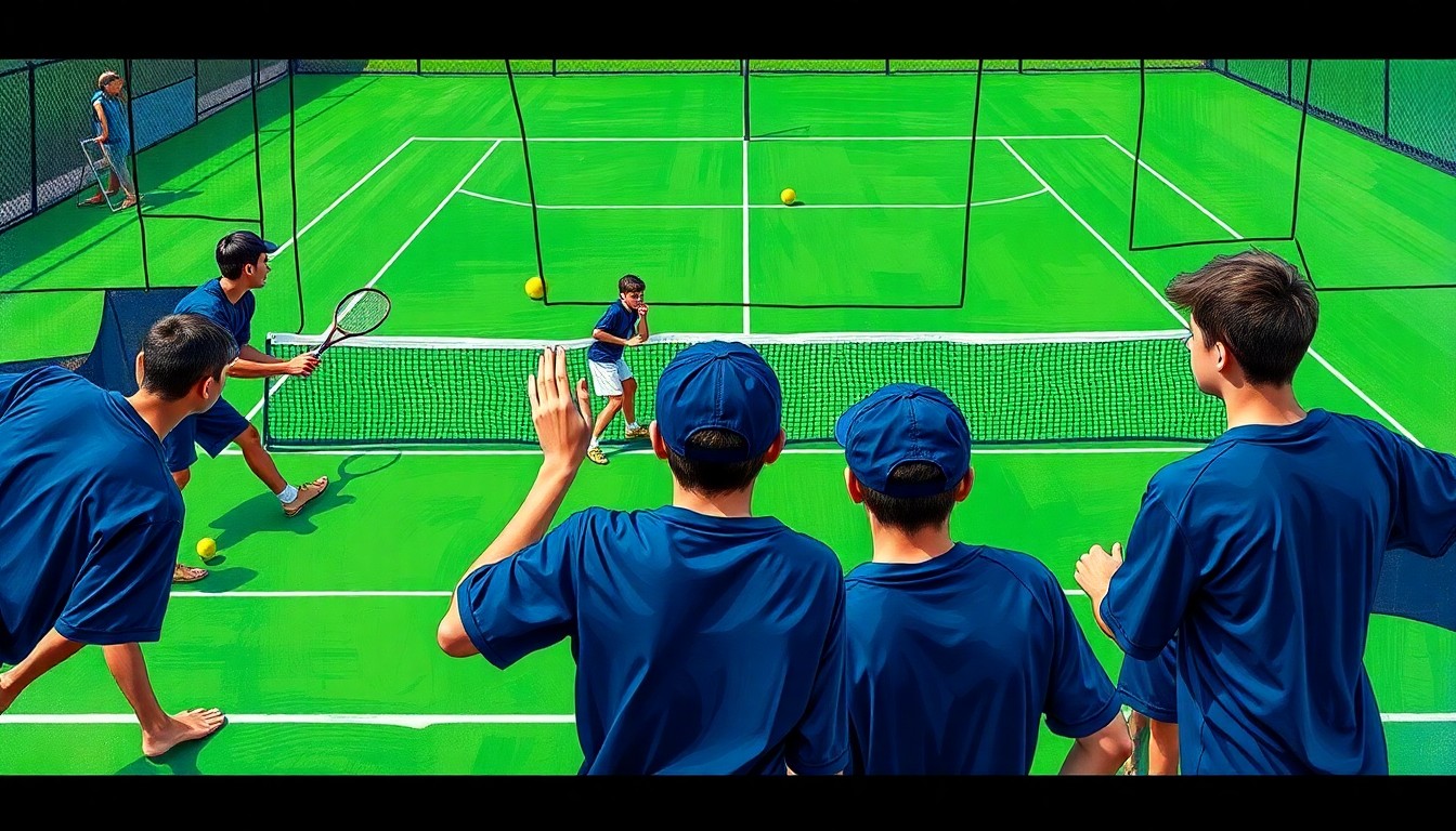 A fragmented, geometric painting depicting a high school tennis match, with sharp planes of green, blue, and yellow representing the court, players, and balls.