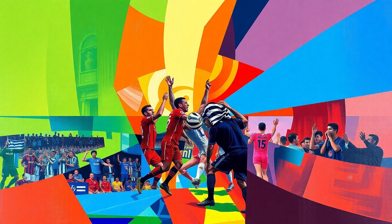 A fractured, multi-perspective painting in vibrant colors, breaking down a Reading FC scene into sharp, overlapping geometric planes to represent the fan-driven website's long history covering the club.