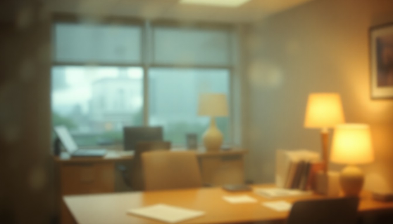 An abstract, out-of-focus office scene with a warm, diffused glow from a desk lamp, conveying the emotional and visual ambiguity of a workplace struggling with a boss's alcoholism.