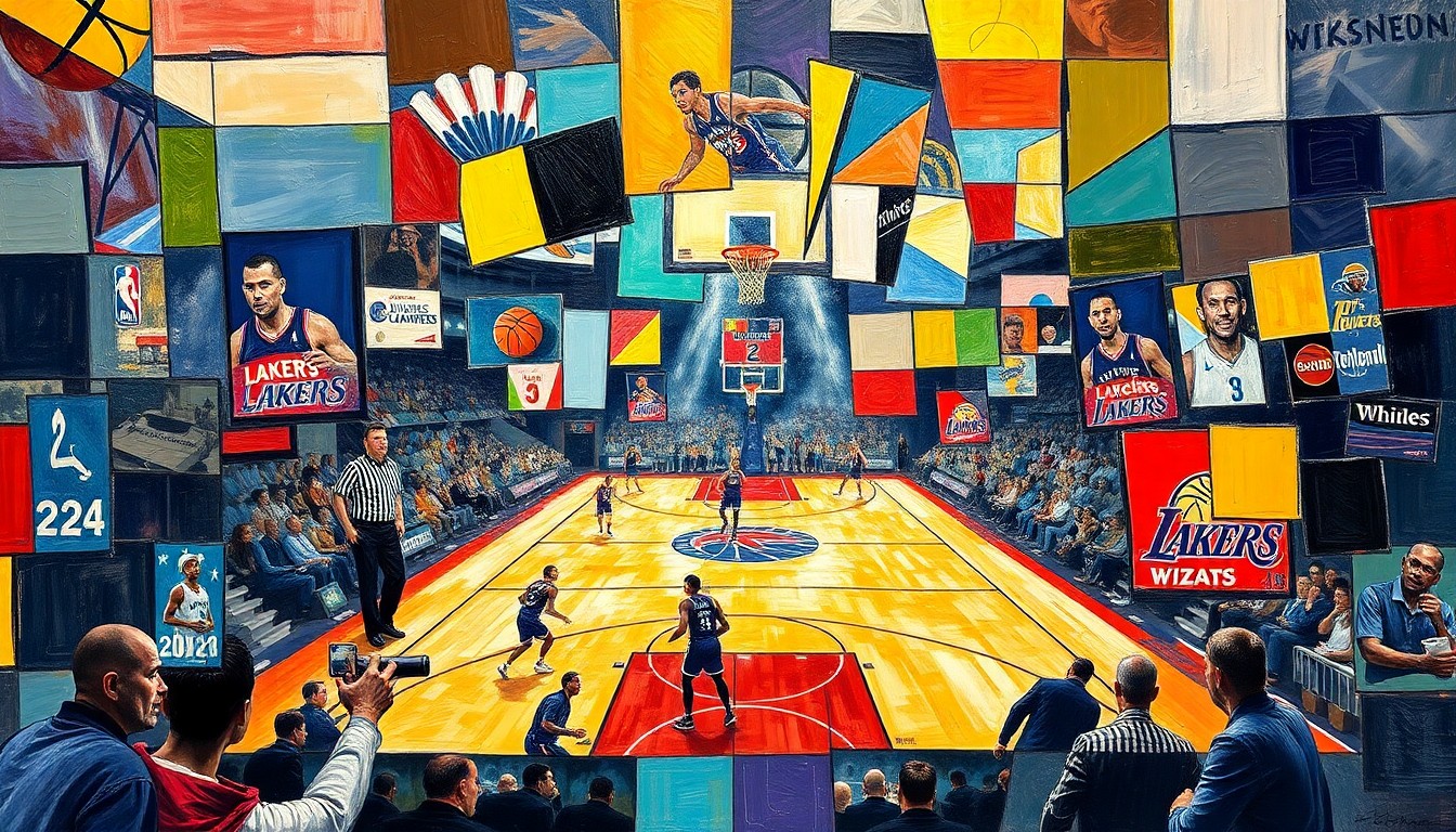 A cubist, geometric painting depicting a basketball game in motion, with the players and court broken down into sharp, overlapping planes of color and shape, conveying the energy and dynamism of the sport.