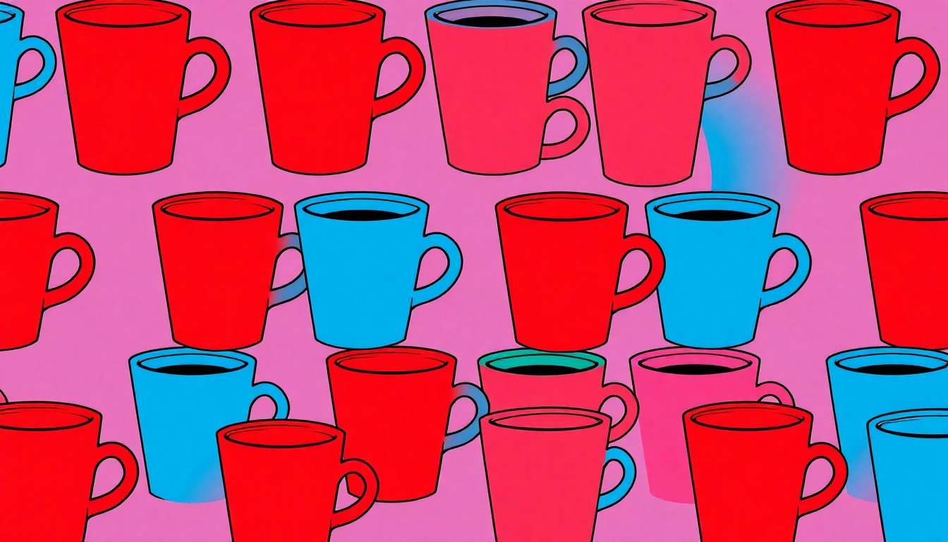 A brightly colored, high-contrast silkscreen print of a single, iconic coffee cup repeated in a tight grid pattern, conceptually representing the communal and social aspects of a cafe hosting speed-friending events.