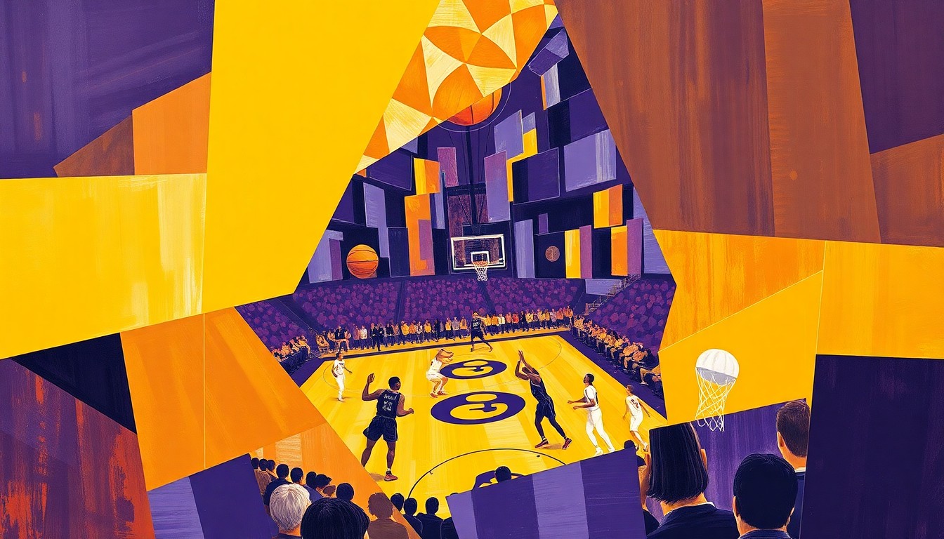 A fragmented, cubist-style painting depicting a basketball game, with the players and court broken down into sharp, overlapping geometric shapes in shades of purple and gold, conveying the multifaceted nature of the search for UNI's next head coach.