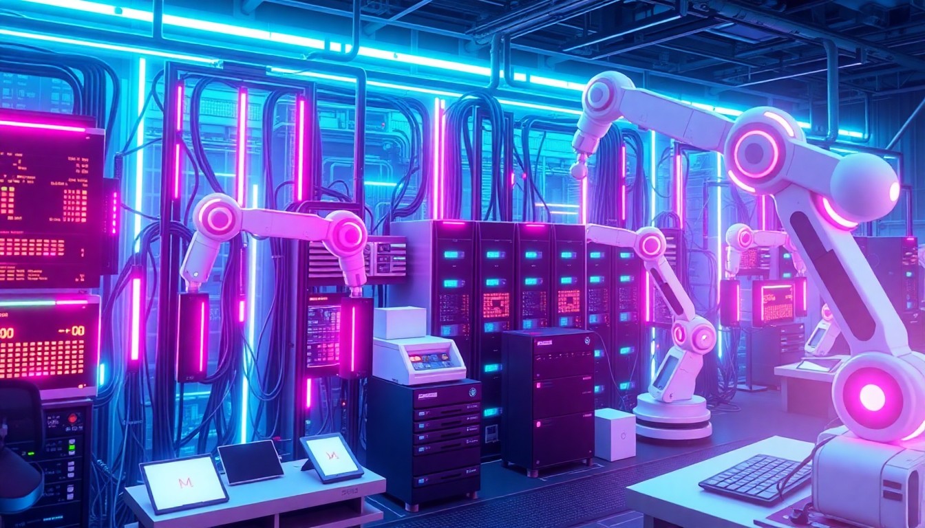A highly detailed, glowing 3D illustration of a futuristic logistics control center, with neon cyan and magenta lights illuminating the complex network of data cables, servers, and robotic arms, conveying the power and scale of AI-driven logistics automation.