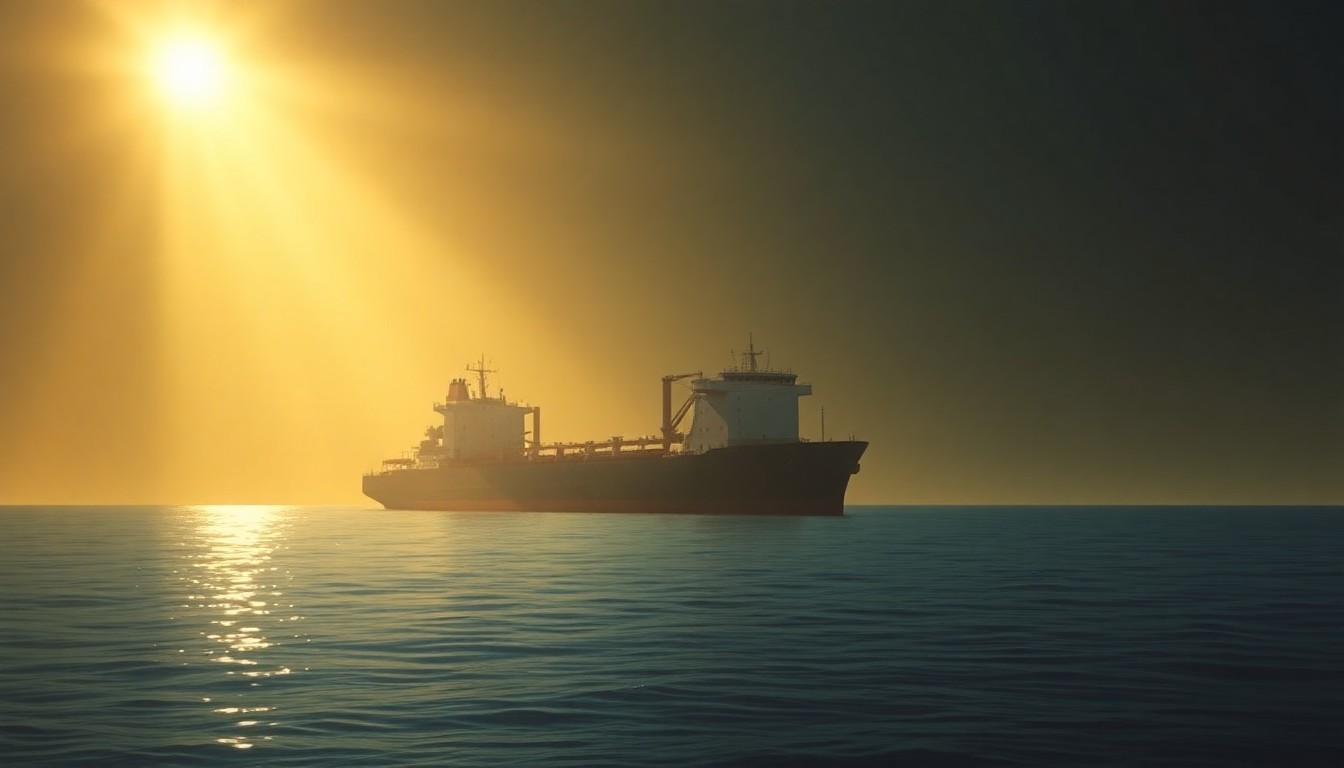 A serene, photorealistic painting of an oil tanker ship alone in the Strait of Hormuz, with the vessel bathed in warm, golden sunlight and surrounded by deep shadows, conveying a sense of isolation and unease.