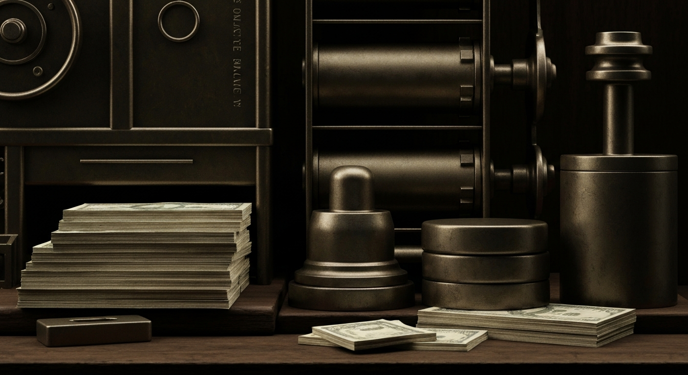 An extreme close-up of intricate, industrial banking machinery and equipment, conveying the complex financial infrastructure underlying Emmaus Life Sciences' operations.