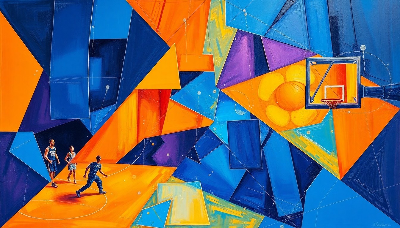 A cubist, geometric painting depicting the dynamic movements and energy of a basketball game, with sharp, overlapping shapes and planes in a vibrant color palette conveying the intensity of the competition.