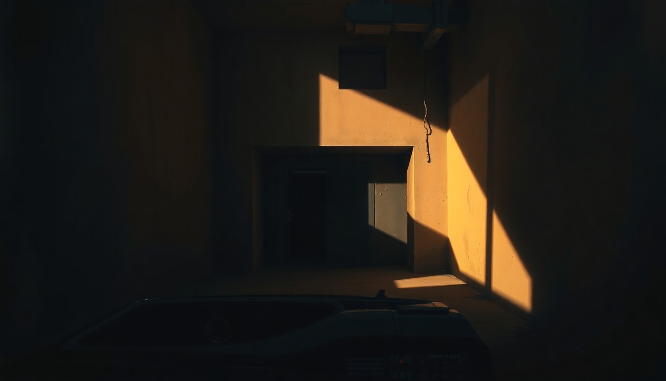 A dimly lit, cinematic painting of a concrete underground bunker entrance partially obscured by shadows, conveying a sense of mystery and unease about the facility's purpose.