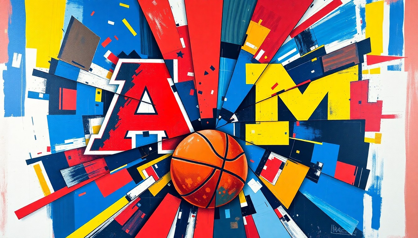 A cubist, geometric painting featuring overlapping planes of red, blue, maize, and blue, abstractly representing a basketball game between the Arizona Wildcats and Michigan Wolverines.