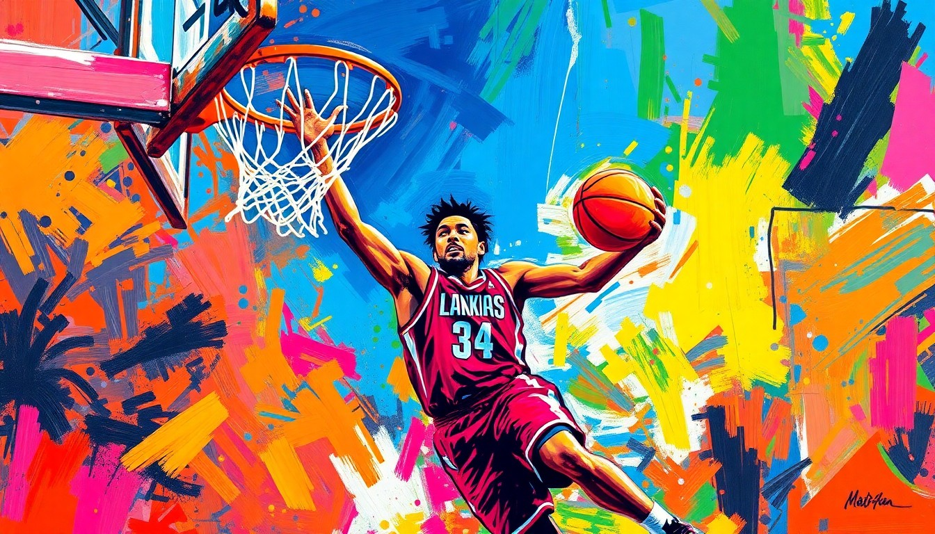 An abstract, expressionist painting in vibrant neon colors, capturing the raw energy and movement of a basketball player driving to the hoop with loose, gestural brushstrokes.