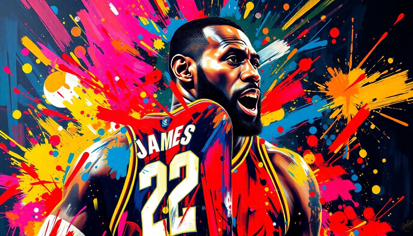 An abstract, expressionist painting featuring vibrant neon brushstrokes and splatters of color, capturing the raw energy and dynamism of a basketball player in motion.