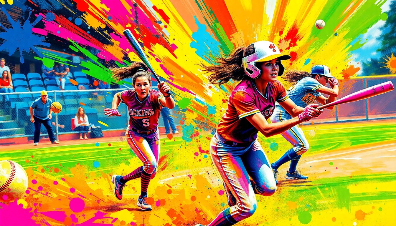 An extreme close-up of a softball player's bat making contact with the ball, surrounded by a swirling, expressionist background of neon paint splatters and brushstrokes, capturing the raw power and intensity of the game.