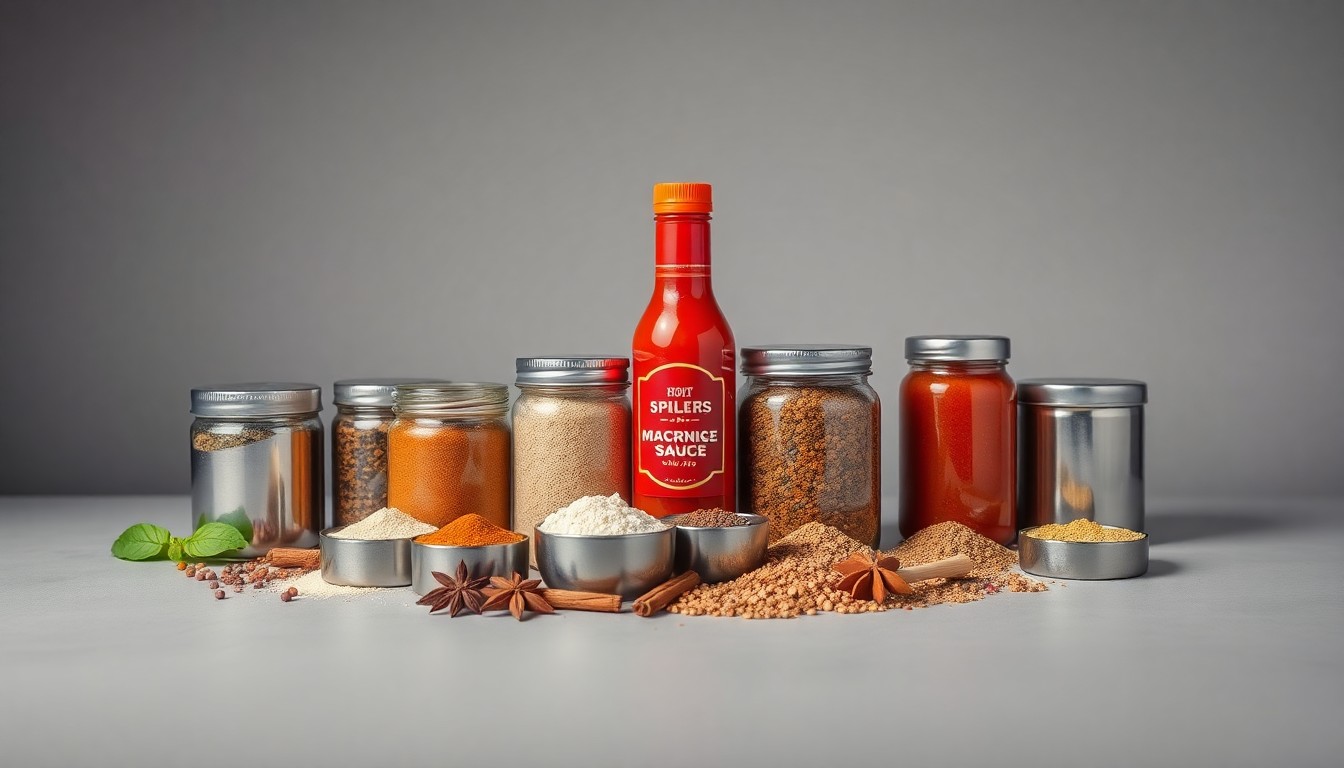 A high-end, photorealistic studio still-life photograph featuring a collection of premium, polished metal spice containers, whole spices, and a glass bottle of hot sauce against a clean, monochromatic grey background, conceptually representing the merger of Unilever's food business with McCormick.