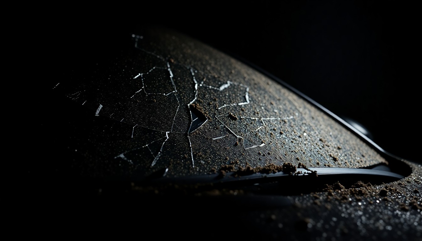 An extreme close-up photograph of a cracked and muddy car windshield, conceptually representing the hazardous roadway conditions that led to a serious accident.