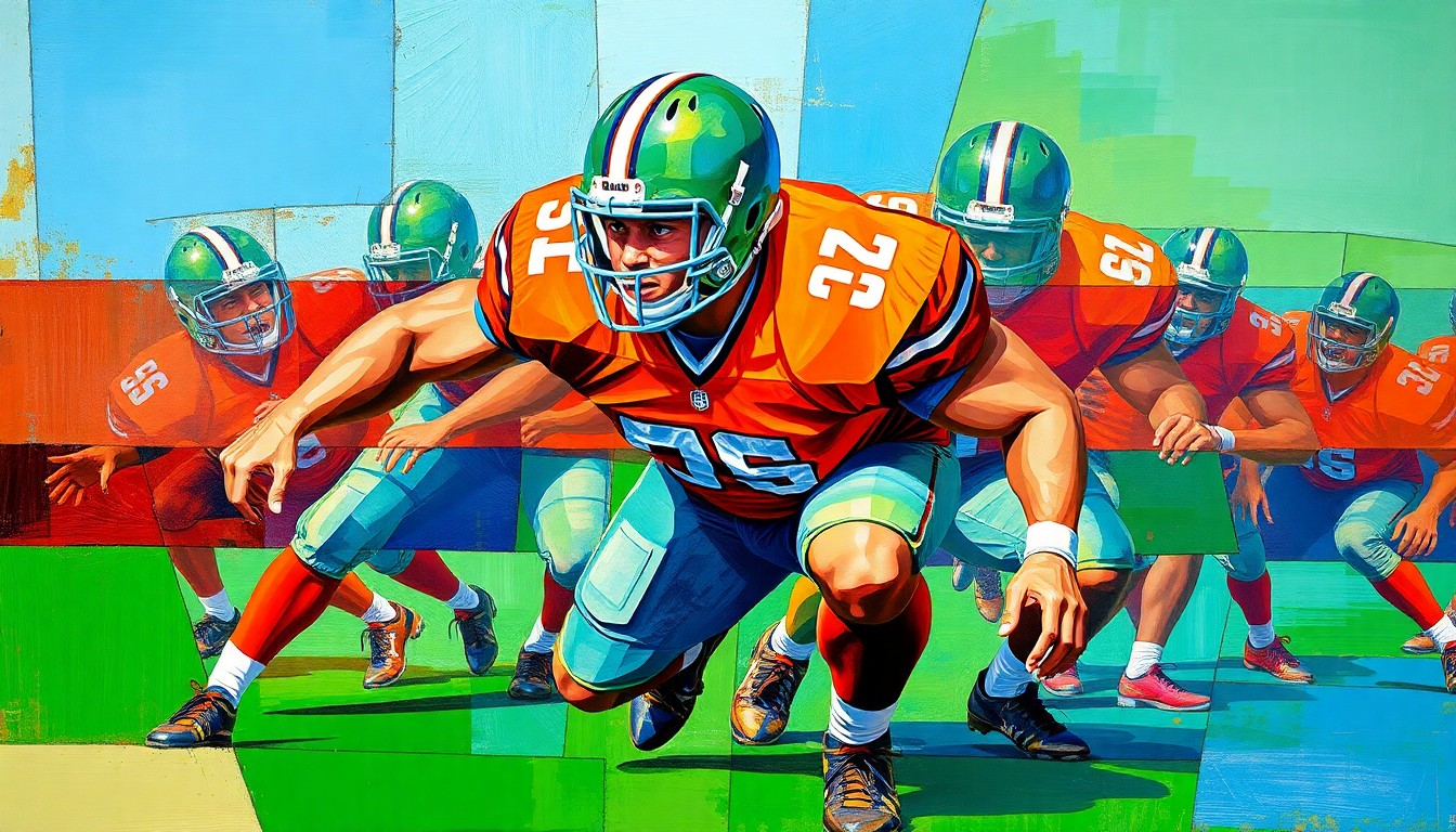 A cubist-style painting depicting an offensive lineman in action, with the player's body broken down into sharp, overlapping geometric shapes in vibrant colors, conveying the raw power and technical skill of the position.