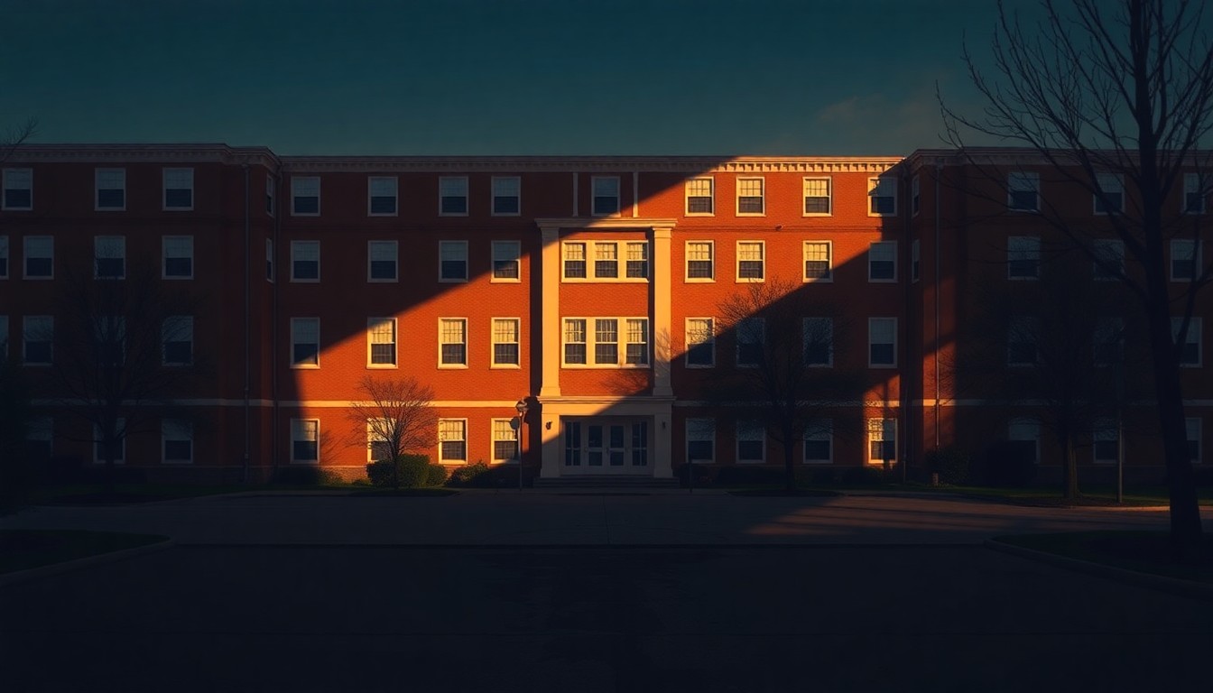 A serene, nostalgic painting of a college campus building in warm, golden light, conveying a sense of quiet contemplation about the future of higher education in Idaho.