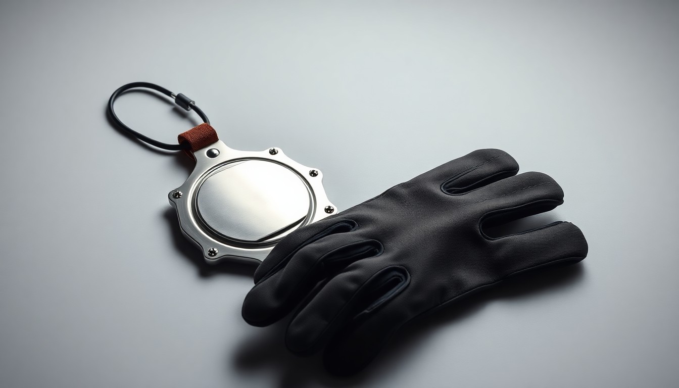 A photorealistic studio still-life image featuring a polished metal airport security badge and a pair of sturdy work gloves, symbolizing the vigilance and preparedness of airport employees like Randall Johnson who play a critical role in ensuring passenger safety.