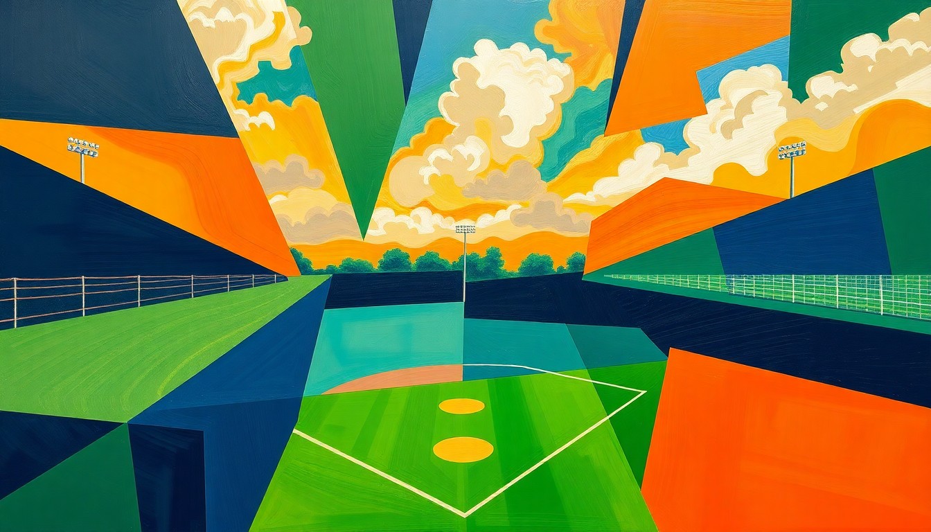 A fragmented, geometric painting in shades of green, blue, and orange, capturing the energy and movement of a high school baseball game.