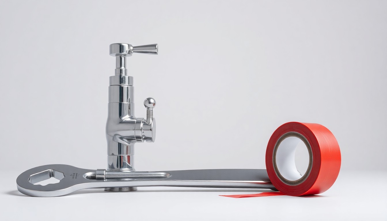 A close-up photograph of polished chrome plumbing fixtures, a wrench, and a roll of plumber's tape arranged on a clean, monochromatic background, symbolizing the precision and professionalism of a trusted local plumbing company.