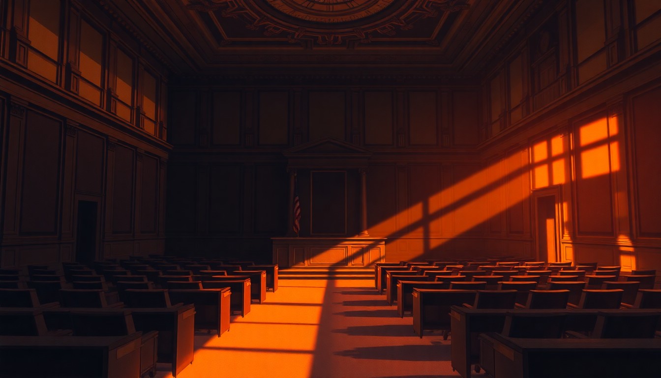 A dimly lit, cinematic painting of an empty city council chamber, with warm sunlight streaming in through the windows and deep shadows casting a contemplative mood, conceptually representing the importance of local elections.