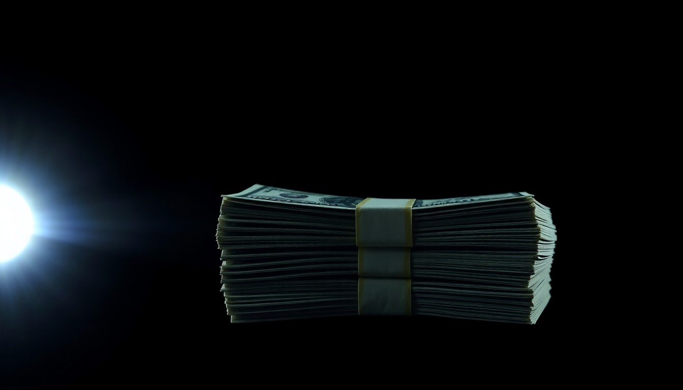 An extreme close-up of a stack of cash bills reflecting a harsh, direct camera flash, conceptually illustrating the bribery at the center of this corruption case.