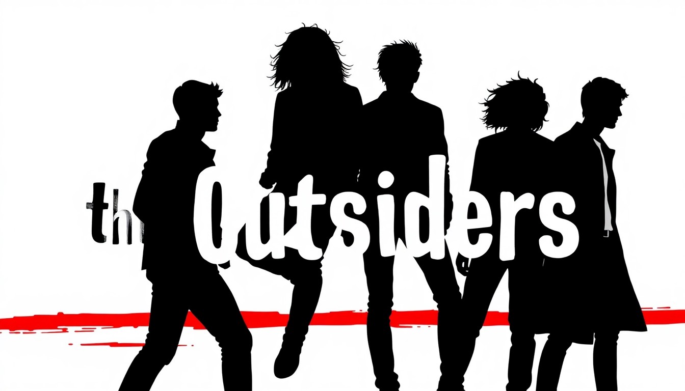 A bold, abstract composition using stark black silhouettes and high-contrast solid colors like red and white to represent the dramatic, rebellious energy of the musical 'The Outsiders'.