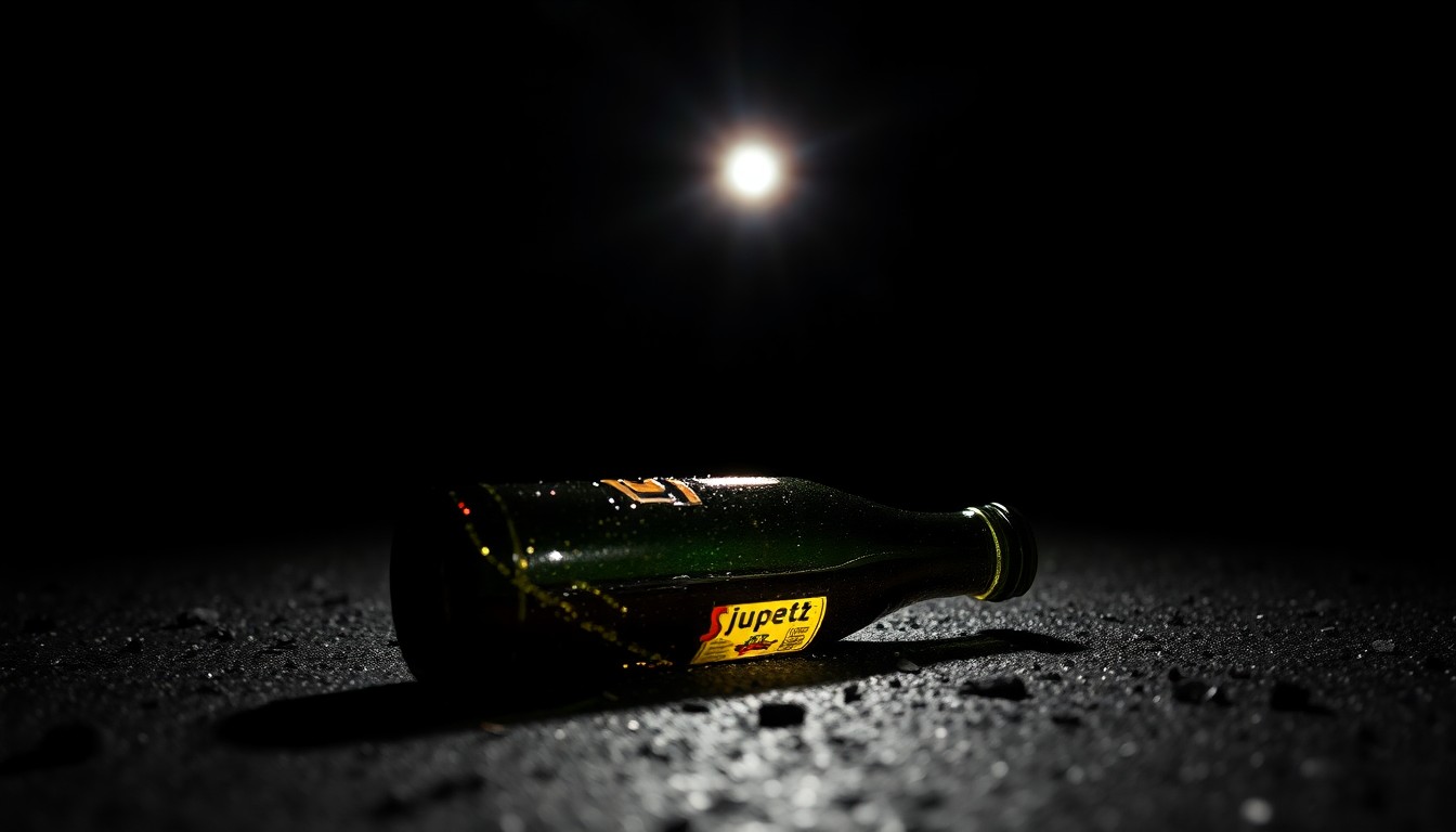 An extreme close-up photograph of a broken beer bottle on the ground, lit by a harsh, direct camera flash against a pitch-black background, conceptually illustrating the aftermath of a violent incident.