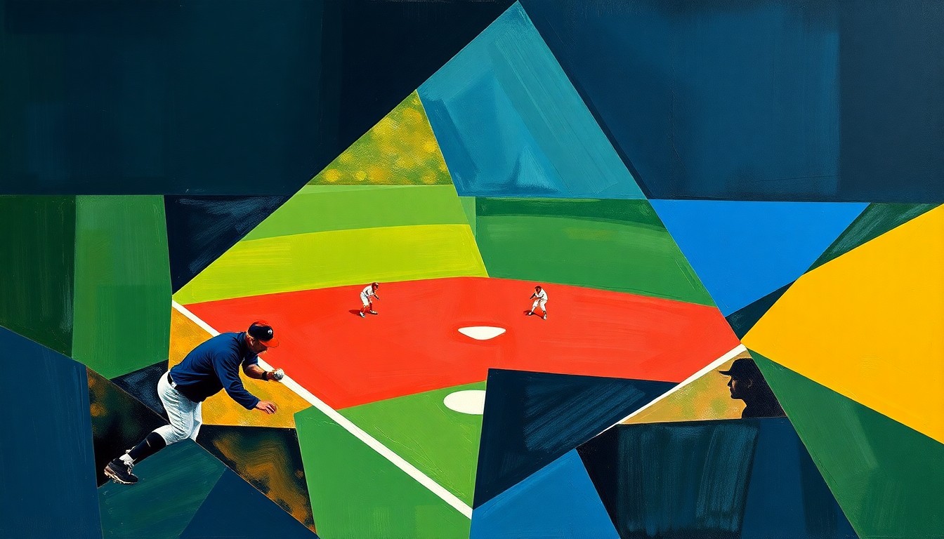 A fragmented, geometric painting depicting a softball game in progress, with players and the field broken down into sharp, overlapping planes of color.