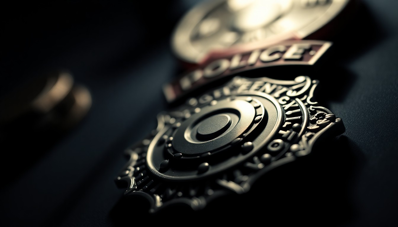 An extreme close-up photograph of a police badge, with a shallow depth of field and dramatic lighting, conceptually representing the addition of a new officer to the Norwalk police department.