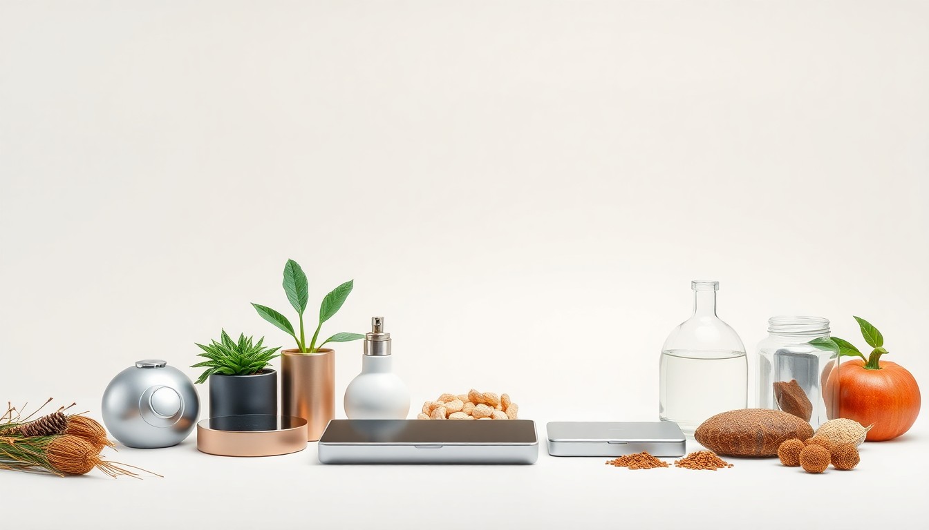 A high-end, photorealistic studio still-life featuring a collection of premium, polished objects arranged elegantly on a clean, monochromatic background, conceptually representing the abstract ideas of entrepreneurship, innovation, and agricultural technology.