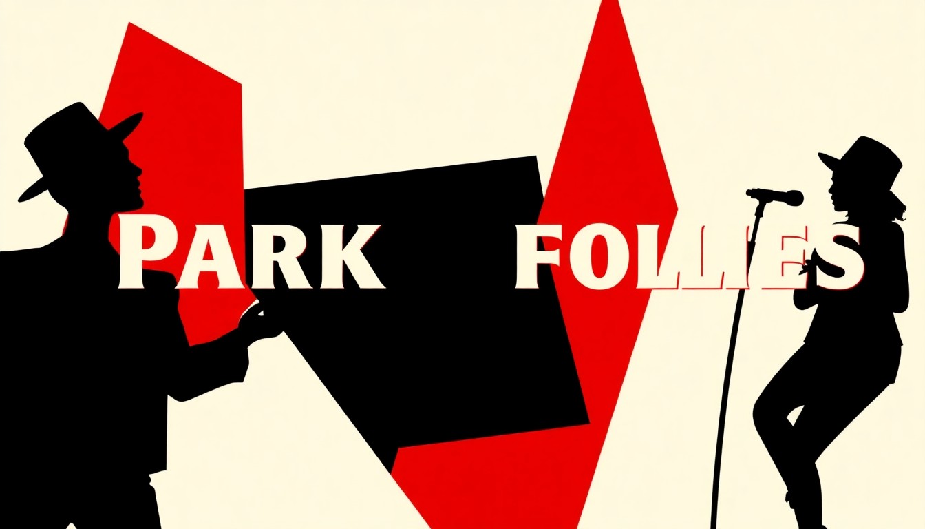 A striking abstract composition of bold, jagged black silhouettes and high-contrast solid colors, conceptually representing the theatrical energy and community spirit of the Park City Follies musical revue.
