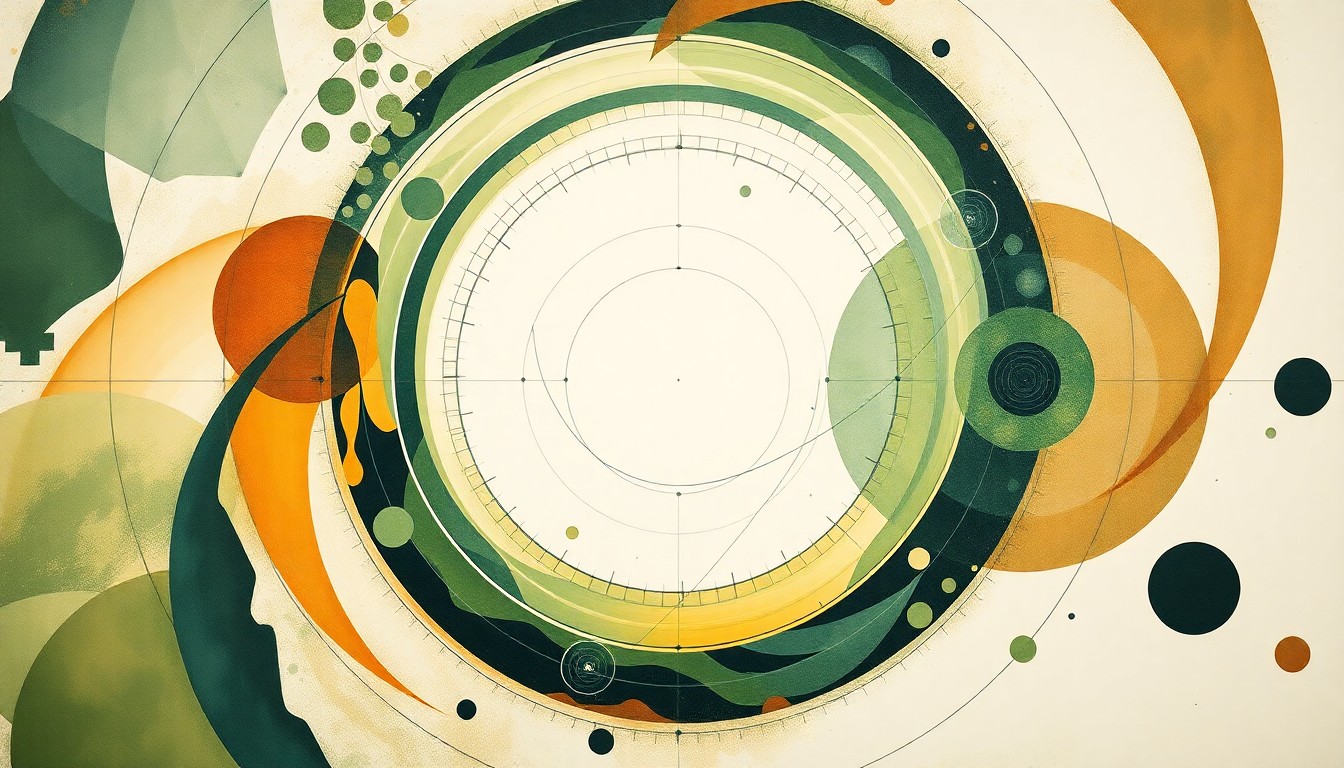 An abstract painting in the style of Hilma af Klint, featuring sweeping geometric arcs, concentric circles, and precise botanical spirals in earthy green, ochre, and blue tones, conceptually representing the complex scientific forces and natural phenomena behind a plant hydration sensor.