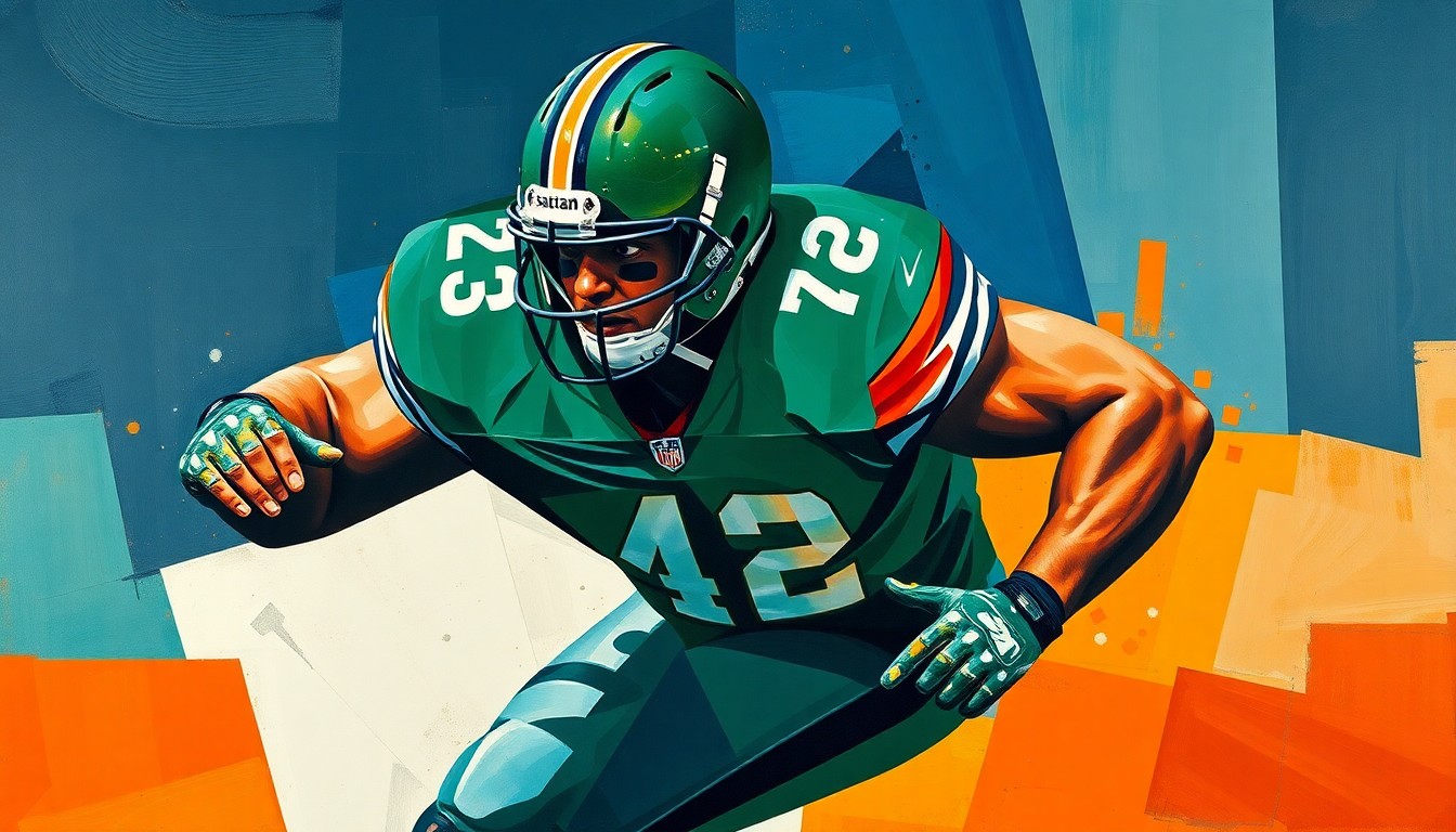 A fragmented, geometric painting depicting an offensive lineman in action, with sharp planes of deep blue, forest green, and burnt orange colors representing the raw power and movement of football.