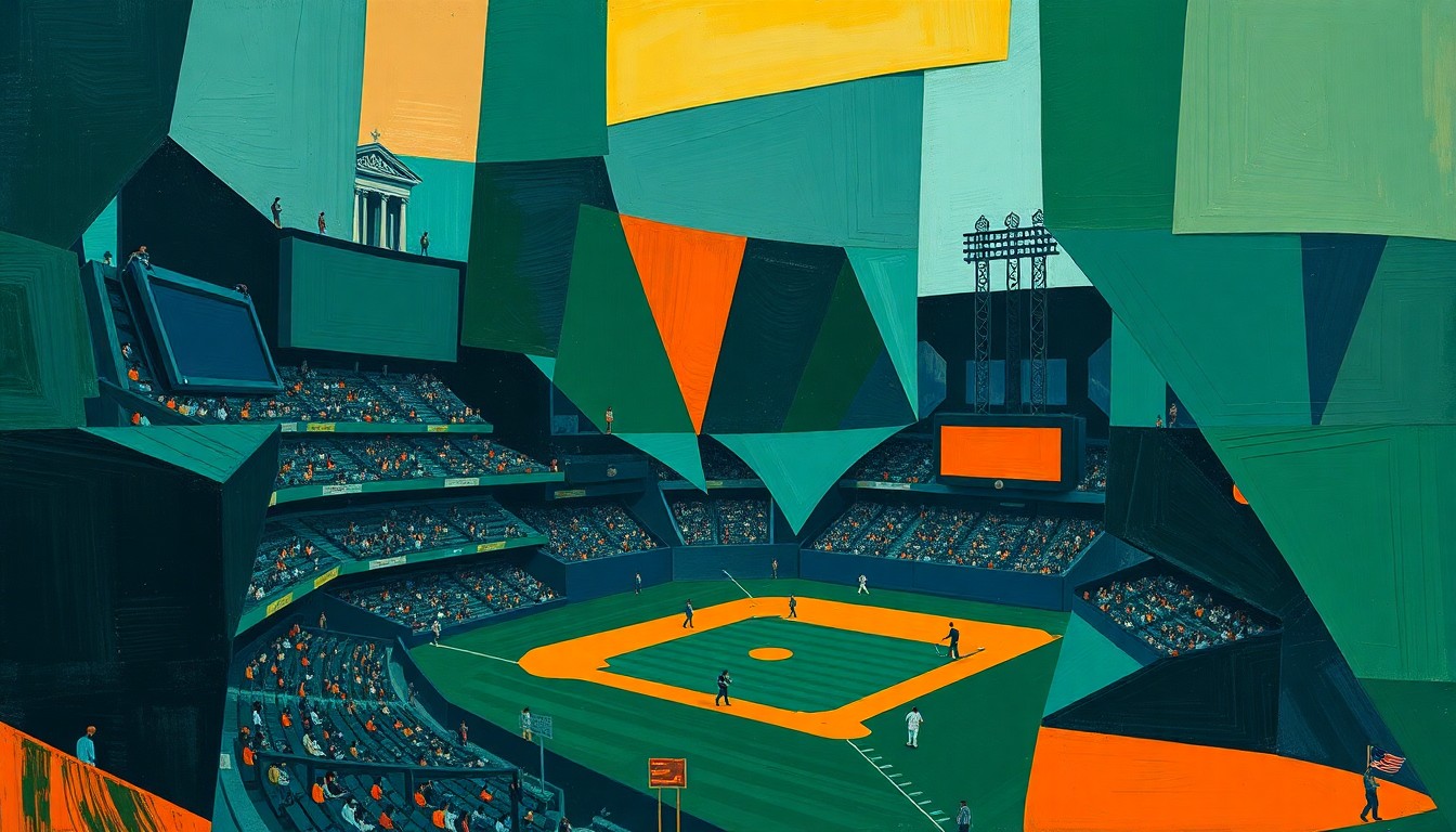 A cubist-style painting featuring overlapping geometric shapes in navy, green, and orange, conceptually representing the strategic complexity of a baseball game.