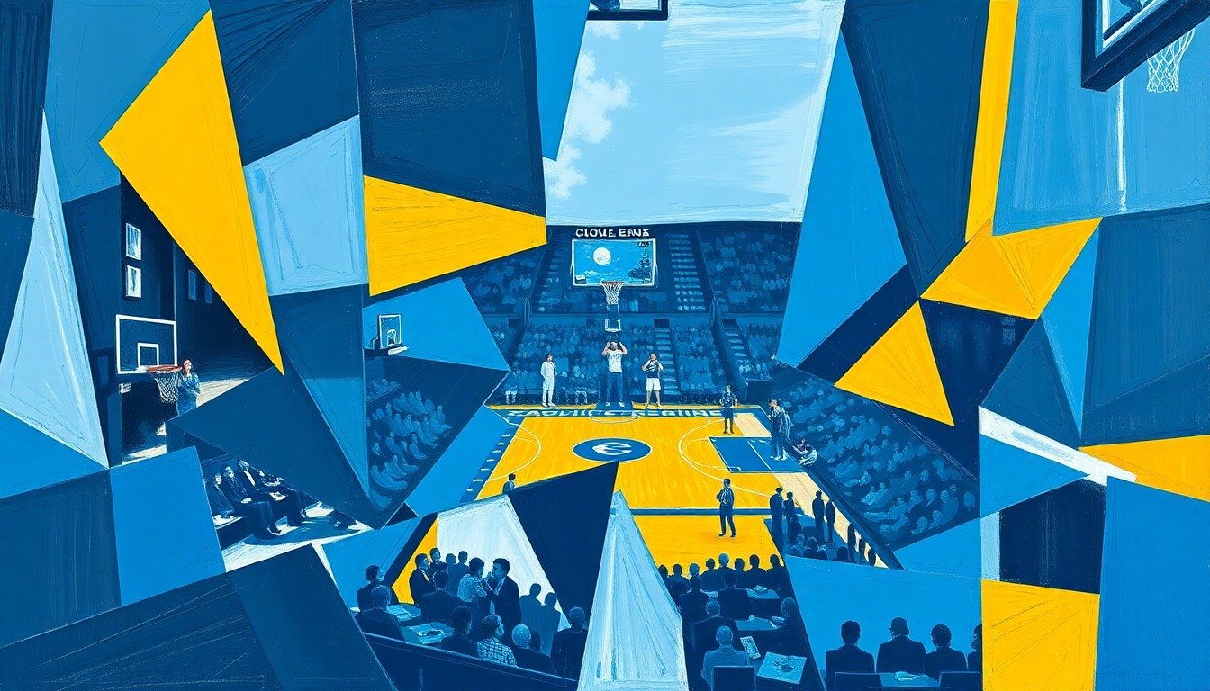 A cubist, geometric painting depicting the action of a college basketball game, with the players and court broken down into sharp, overlapping planes of color in shades of blue, yellow, and navy, conceptually representing the high-stakes competition for the UNC head coaching position.