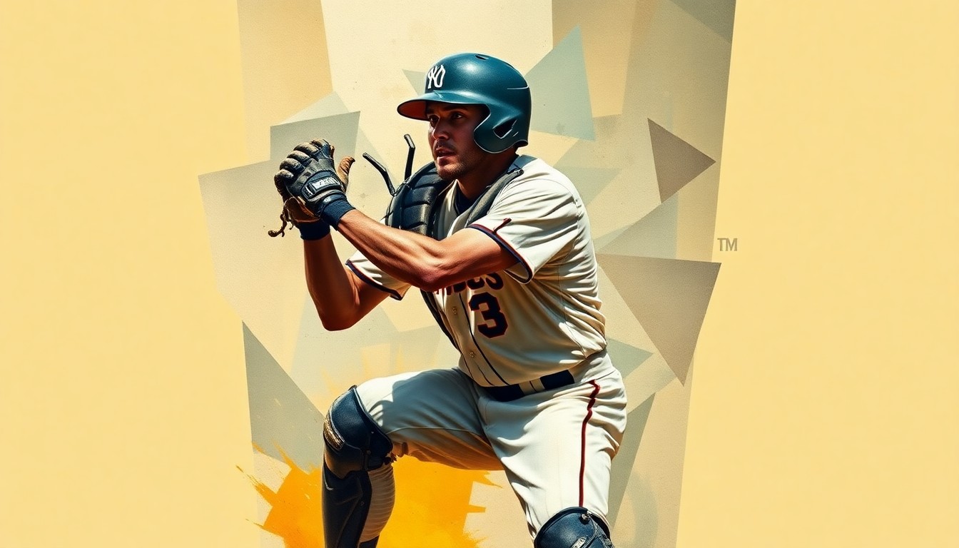 A cubist, geometric painting depicting the dynamic movements of a baseball catcher, with sharp planes of color and form obscuring the player's identity and focusing on the raw energy of the sport.