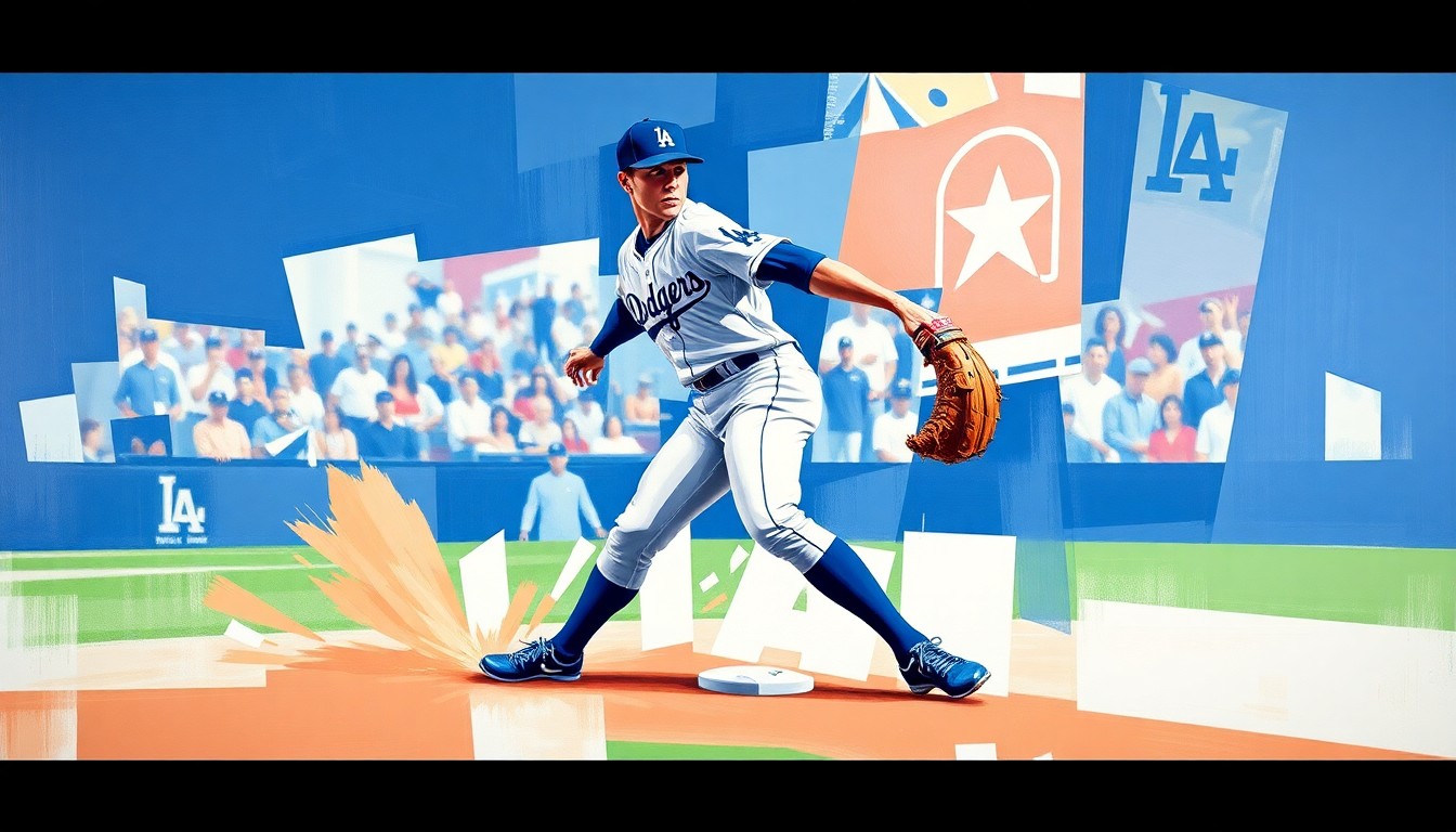 A cubist, geometric painting depicting a baseball infielder in motion, with sharp planes of Dodger blue and white colors capturing the dynamic action of the game.
