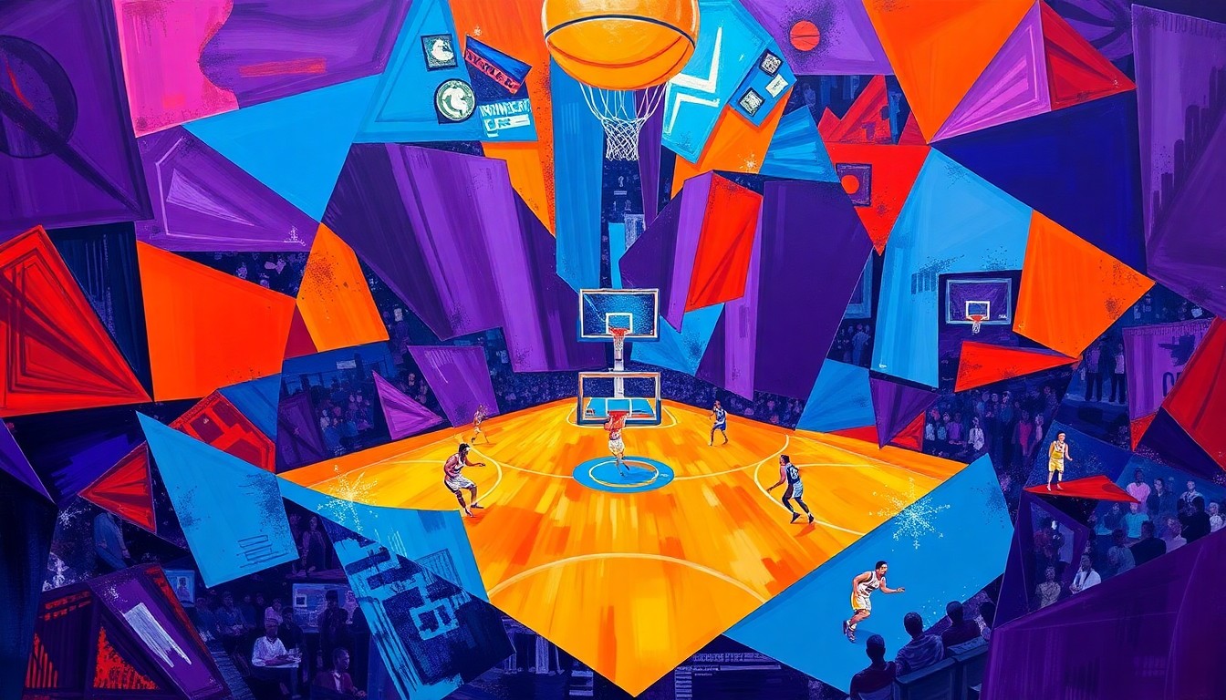 A cubist, geometric painting depicting a fragmented basketball game, with sharp, overlapping planes of color representing the dynamic action on the court.