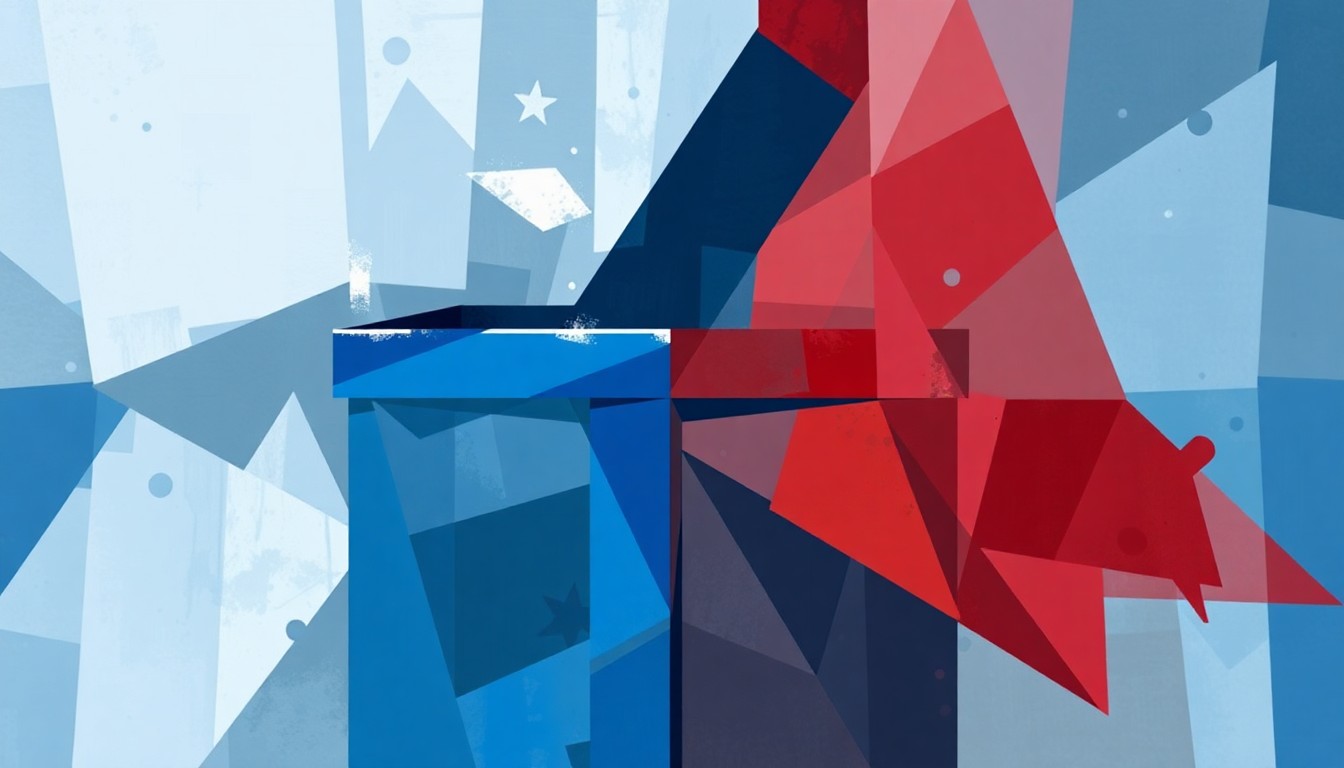 A dynamic, abstract painting featuring overlapping, geometric shapes and waves of blue, red, and grey, conceptually representing the turbulent political forces surrounding local election reforms.