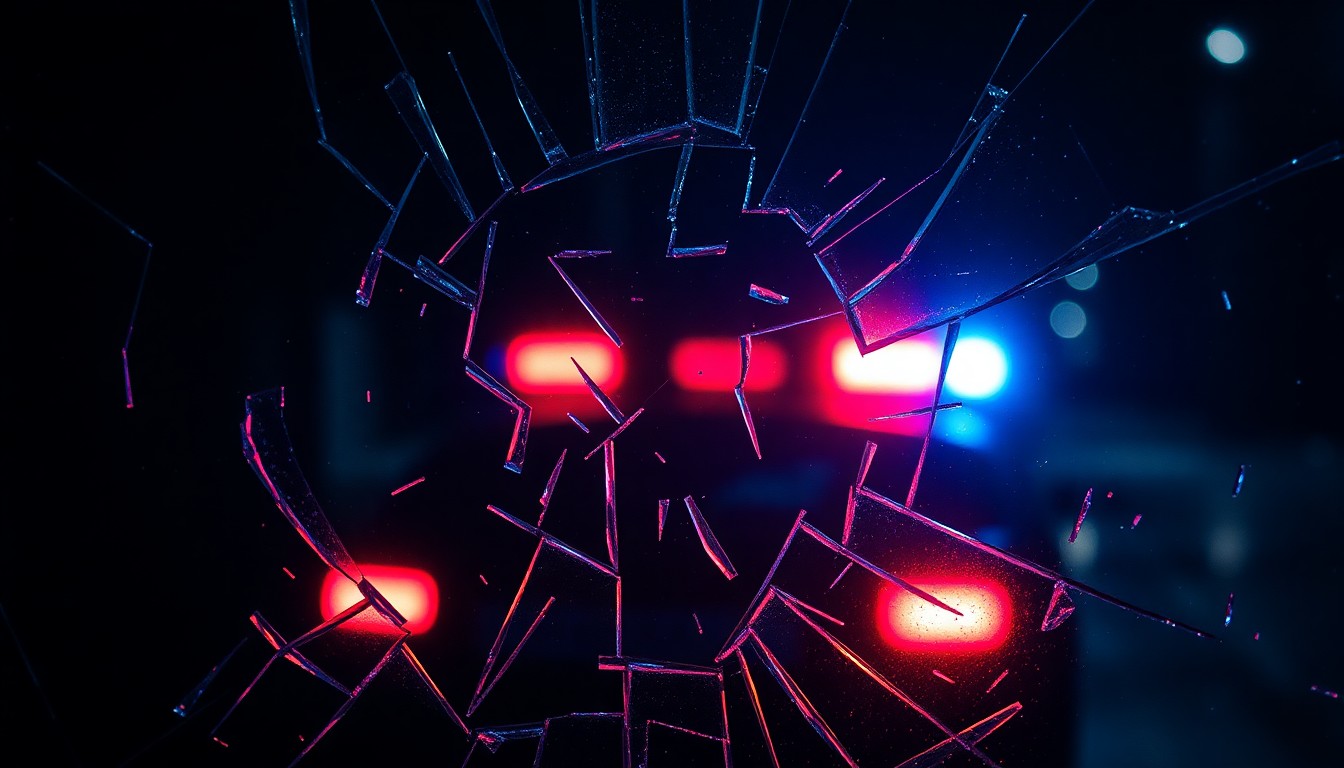 An extreme close-up photograph of shattered glass reflecting flashing red and blue police lights, conceptually illustrating the investigation into a neighborhood vandalism incident.