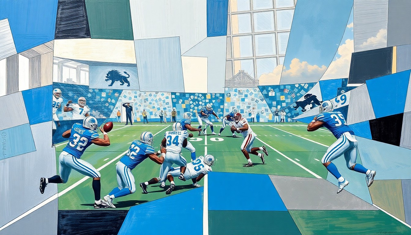 A fragmented, geometric painting in shades of blue, silver, and pewter, depicting the dynamic movements and collisions of a football game in an abstract, cubist style.