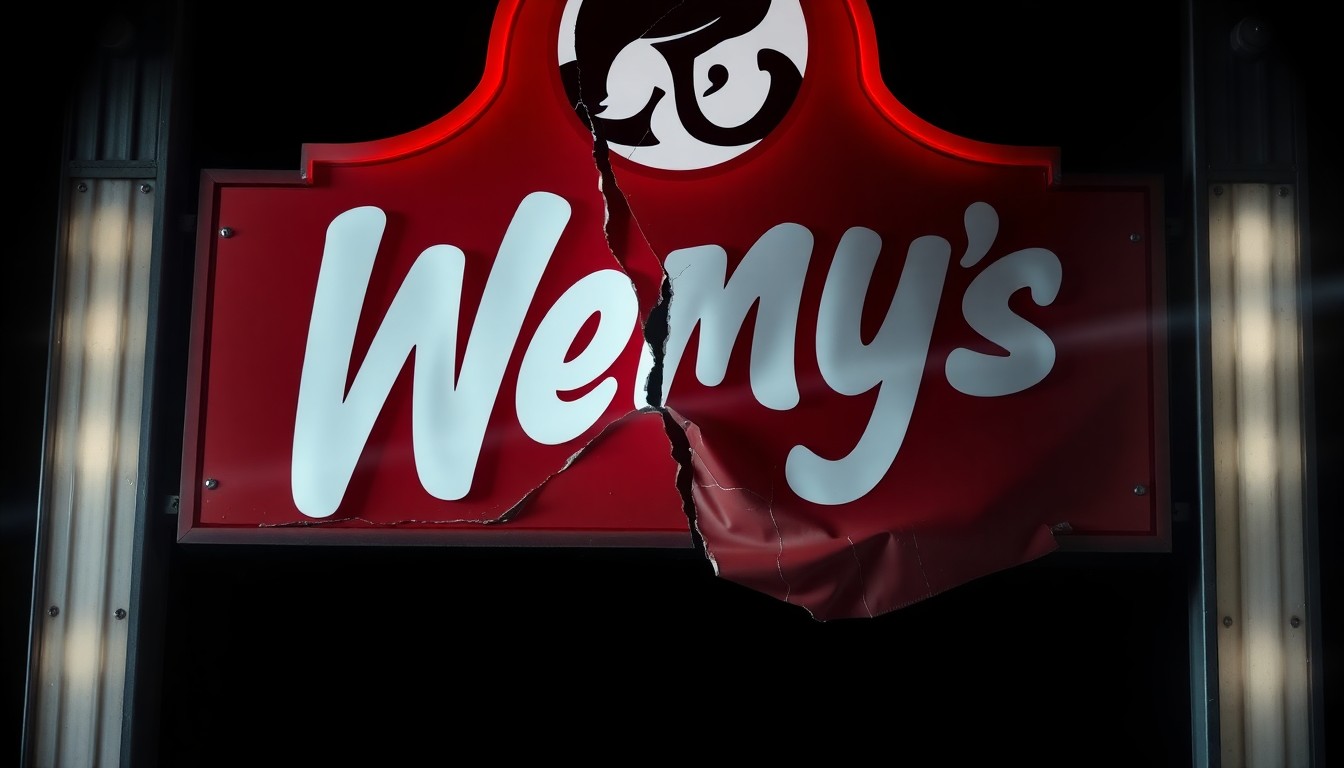 An extreme close-up photograph of a damaged Wendy's drive-thru sign, the metal frame twisted and the plastic panel cracked, conceptually illustrating the property damage caused by a customer's violent outburst.