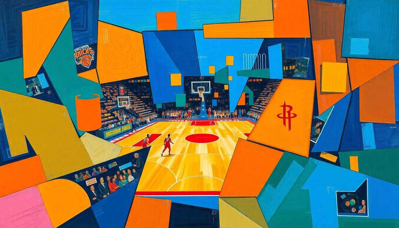 A fragmented, geometric painting depicting the action of a basketball game, with sharp planes of color and overlapping shapes representing the dynamic movements and competitive nature of the Knicks-Rockets matchup.